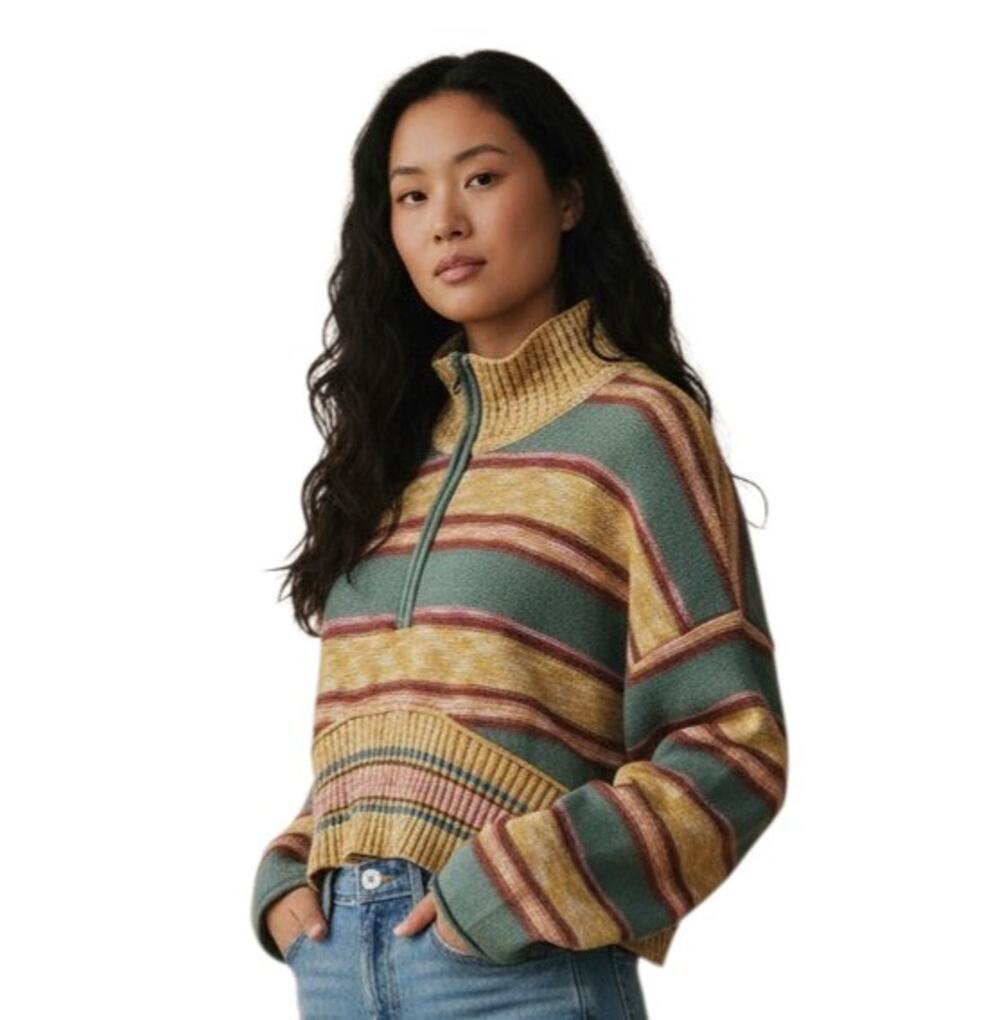 BDG Urban Outfitters Women's M Sweater Cropped 1/2 Zip Striped Cotton Blend 42"